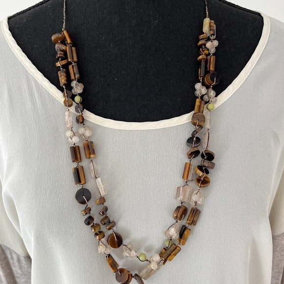 NECKLACE Long Chunky Two Strand Knotted Tigers Eye Colour Beads Coastal Neutral - Picture 1 of 8